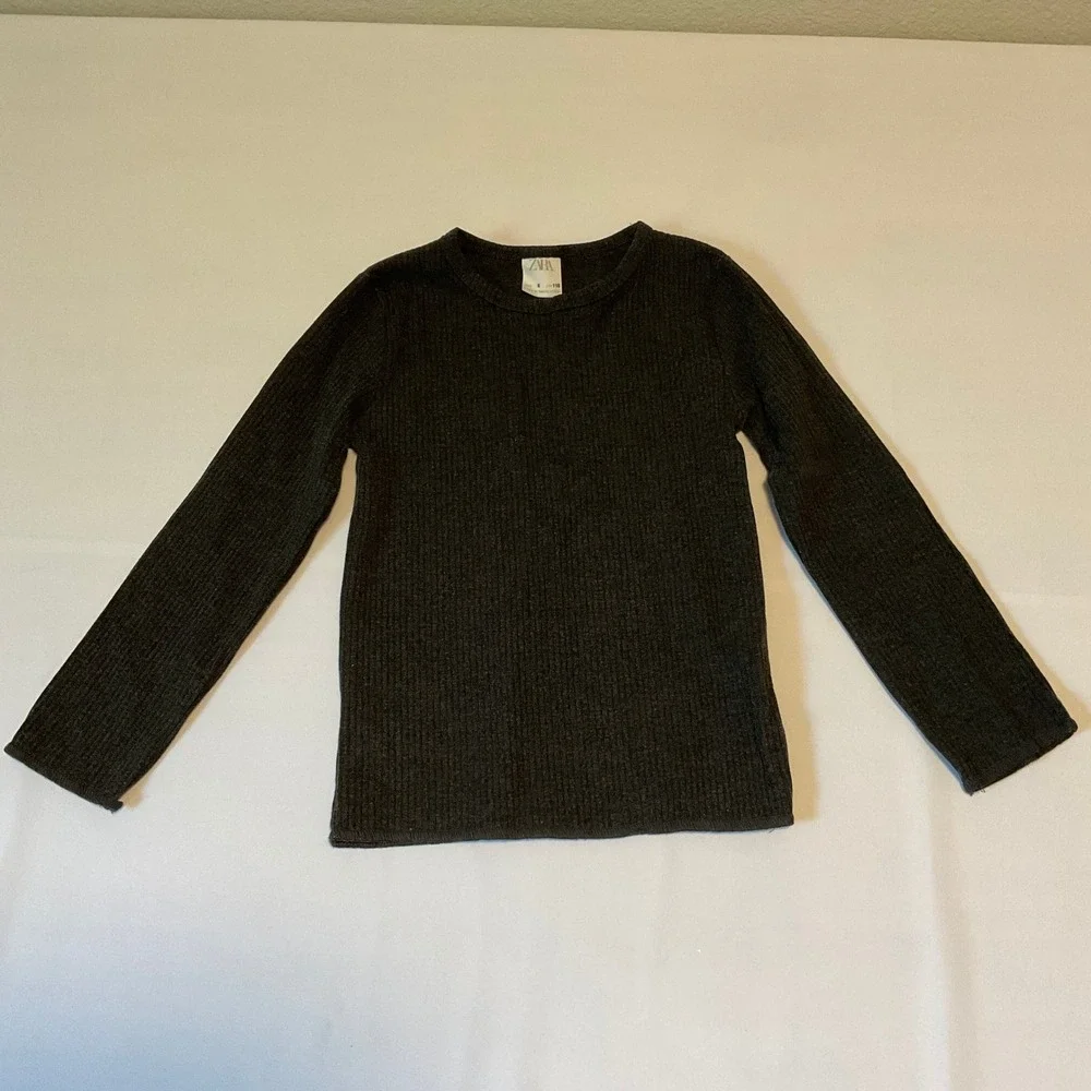 Unbranded Ribbed Knit Top Kids Size 6 Charcoal Grey Excellent Long Sleeve Basic